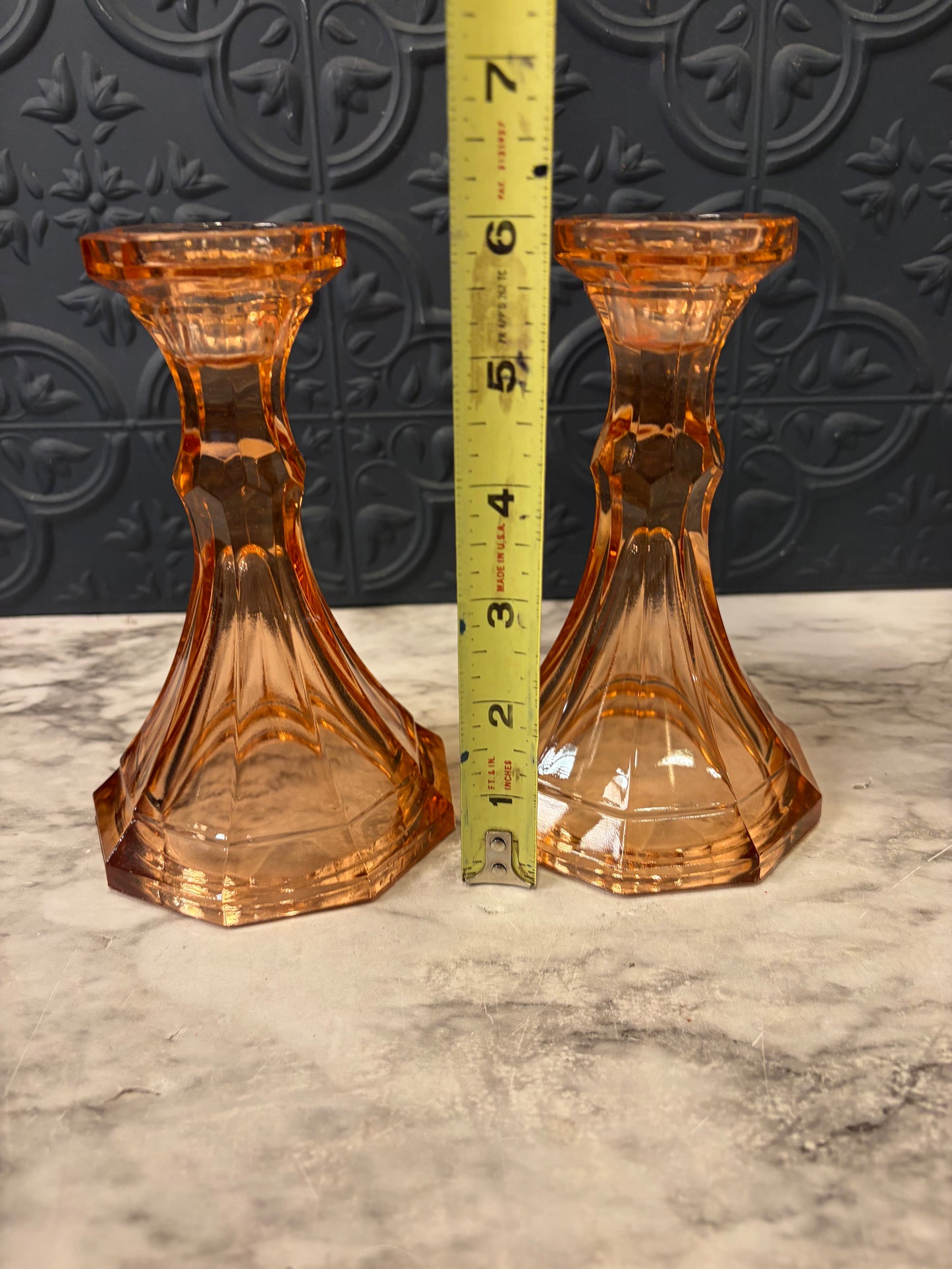 Fostoria Peach Pink Set of Two Glass Candle Holders