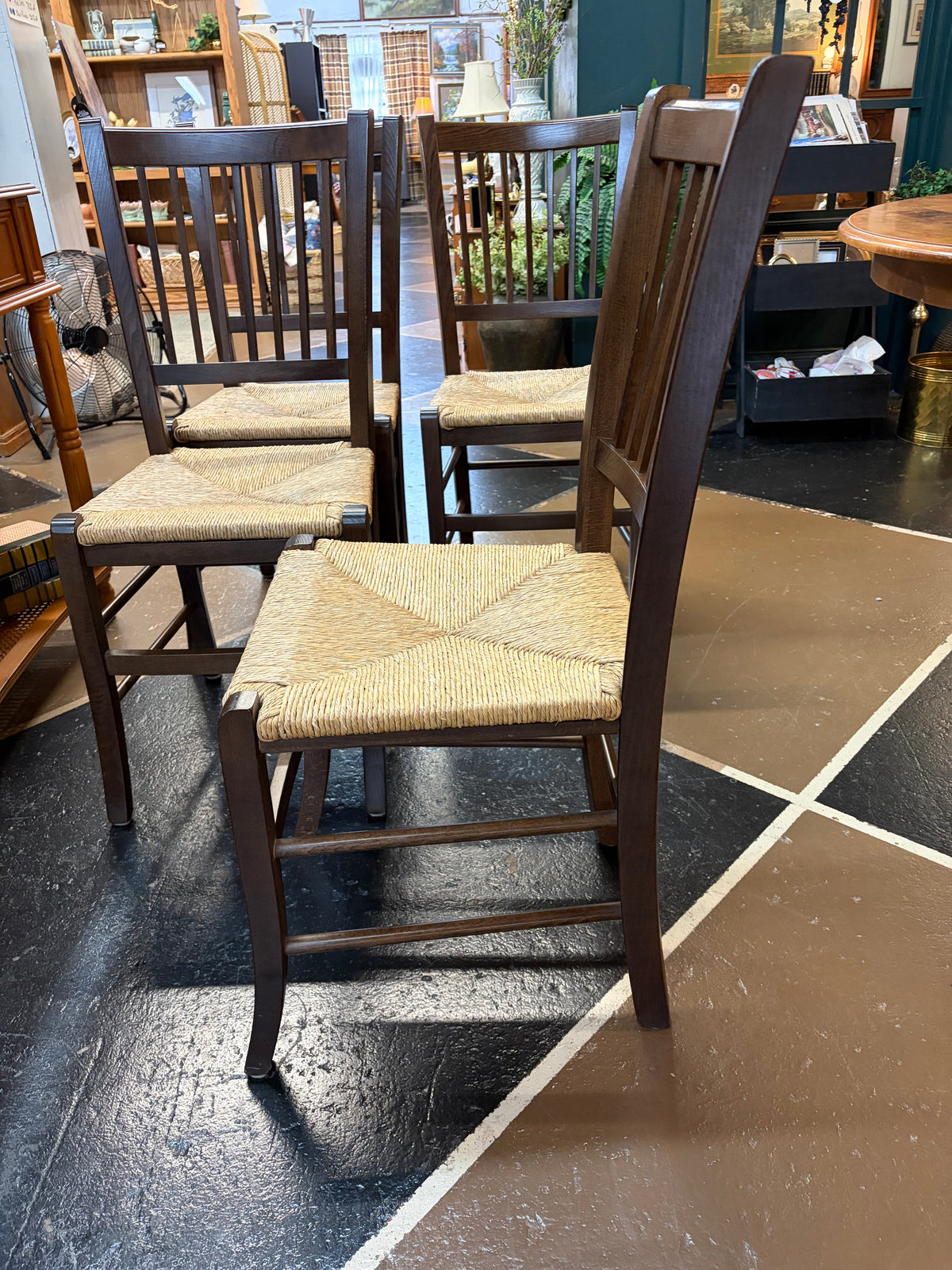 Set of 4 Dark Spindle Back Dining Chairs with Woven Seat