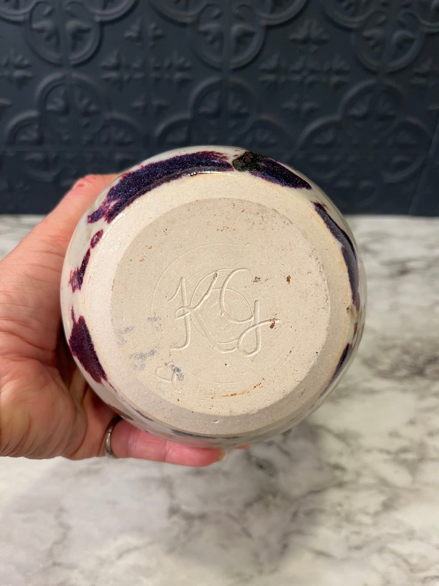 Fluted Cream Pottery Vase with Leaf design