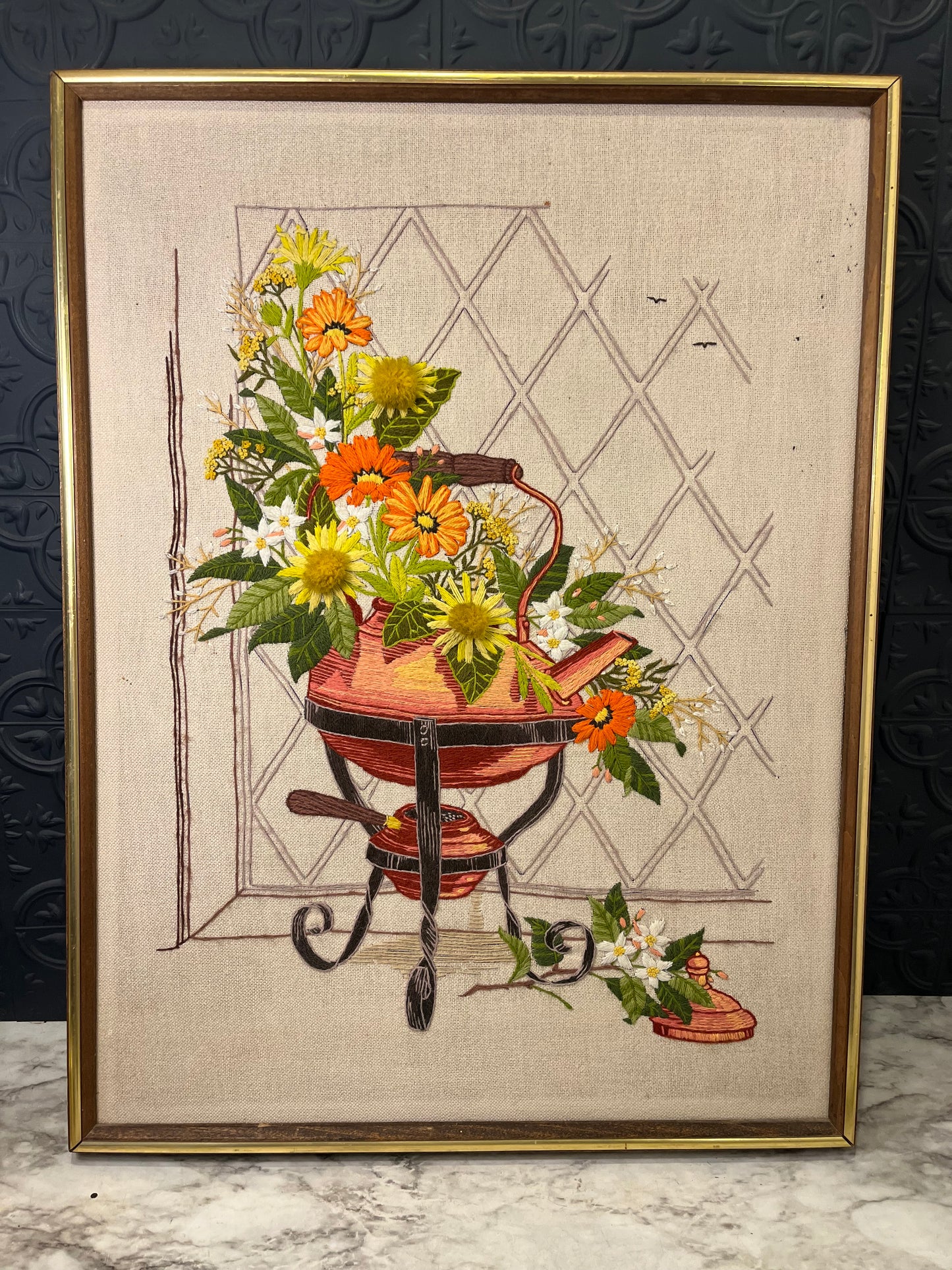 Crewel of Copper Kettle and Flowers