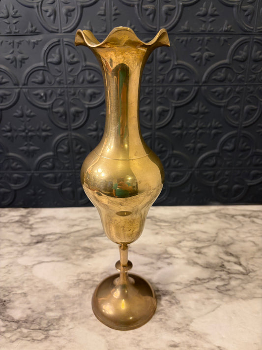 12" Ruffled Top Brass Vase