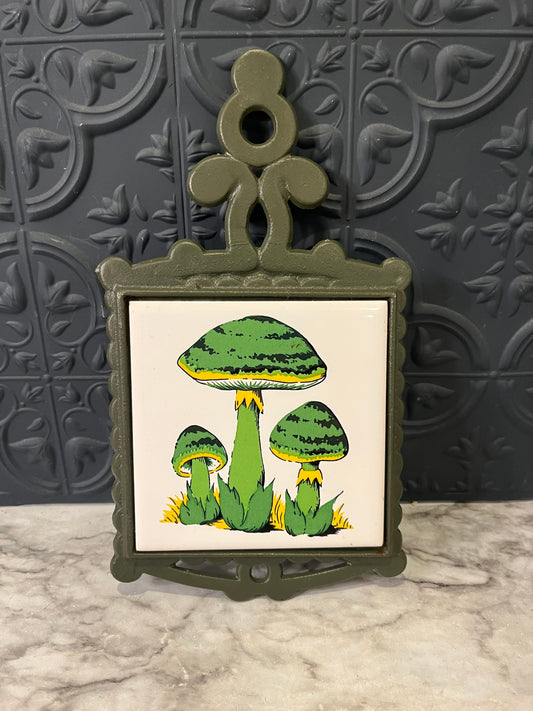Vintage Green Mushroom Tile Trivet with Cast Iron