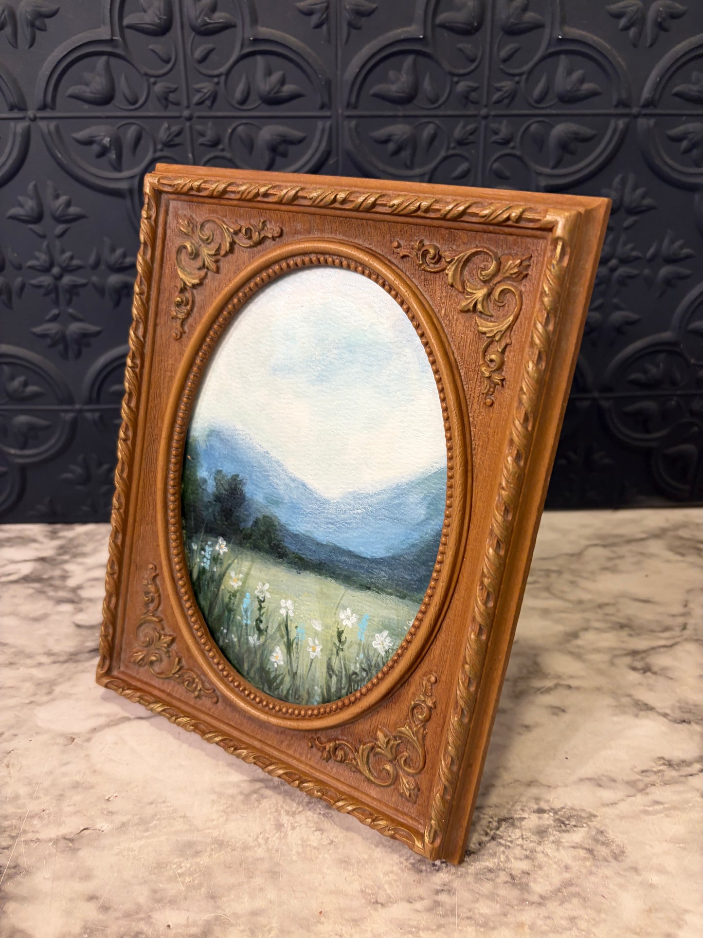 Daisy Field Original Painting by Jessie in Ornate Light Frame