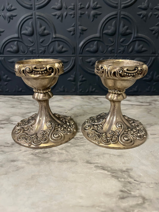 Short Silver Plate Godinger Ornate candle holder x 2