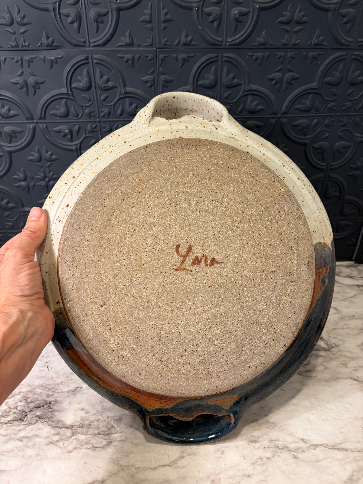 Pottery Tray with Handles Cream and Brown with Leaf Design