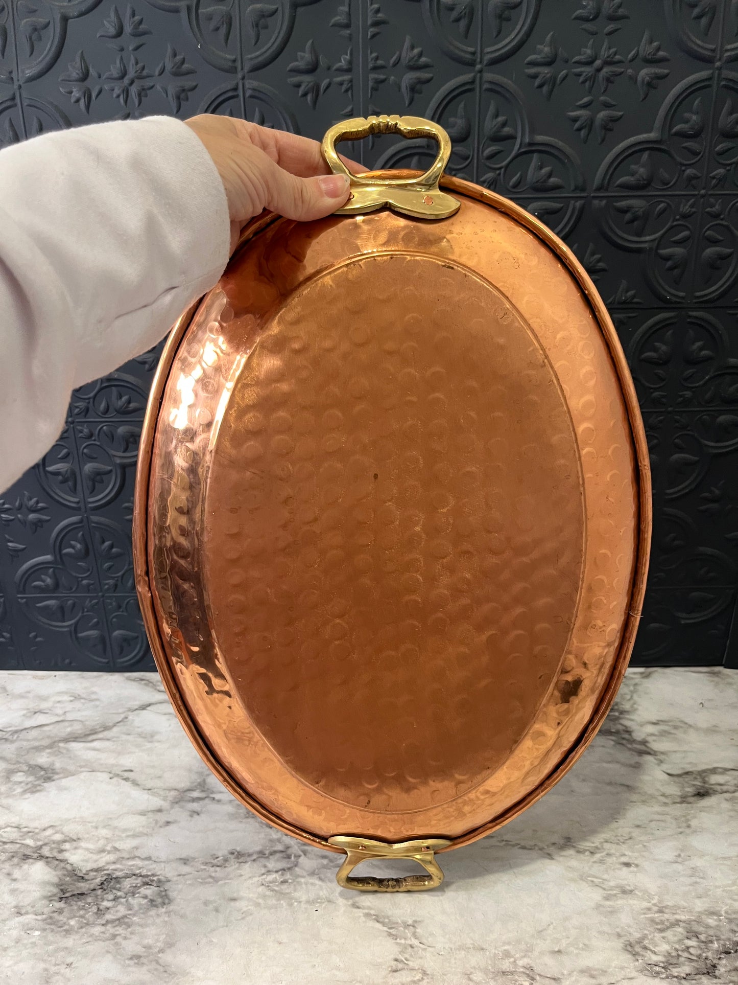 Oval Hammered Copper Tray with Brass Handles 15"