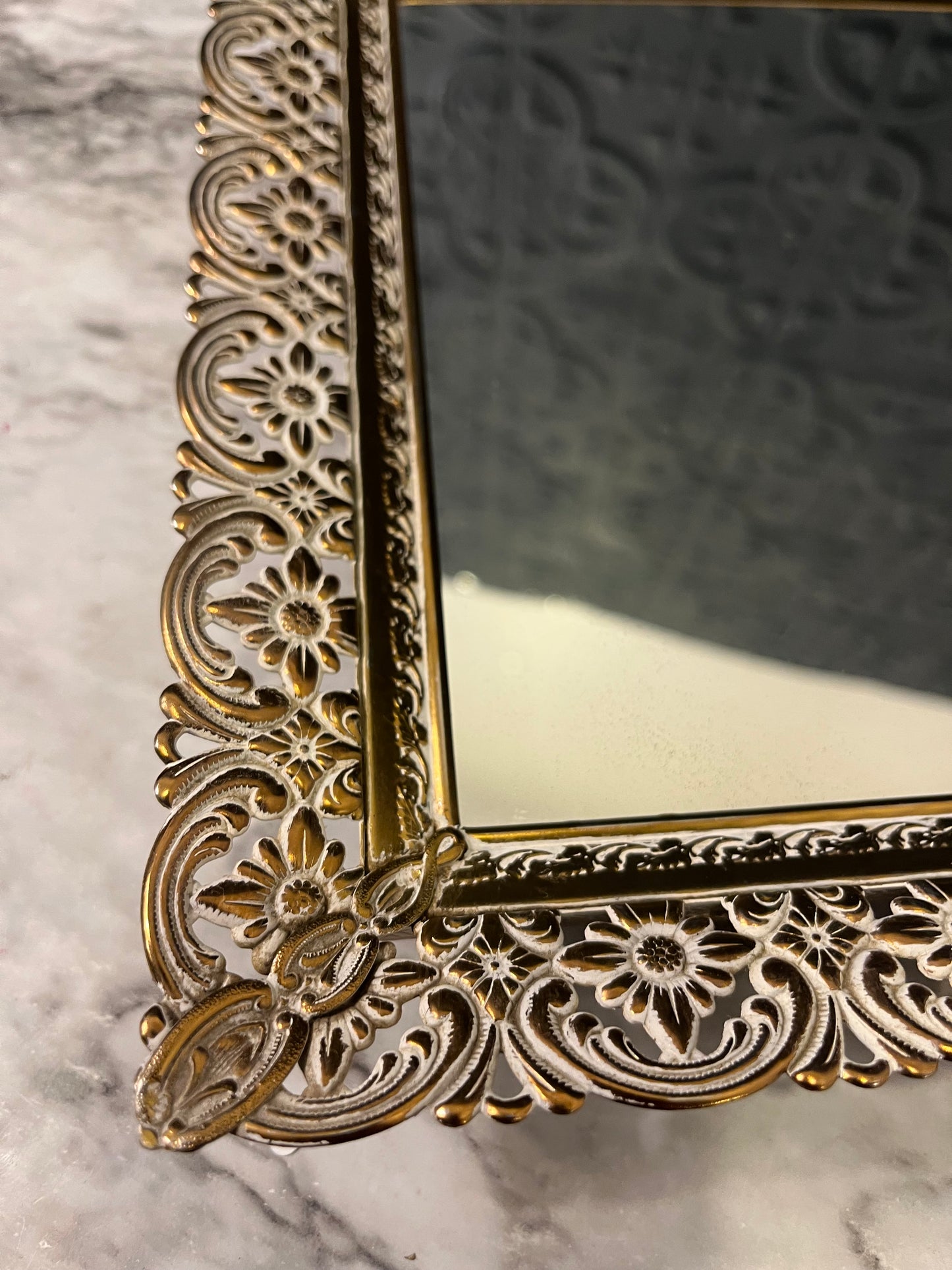 Rectangle mirror tray with brass and cream filligree