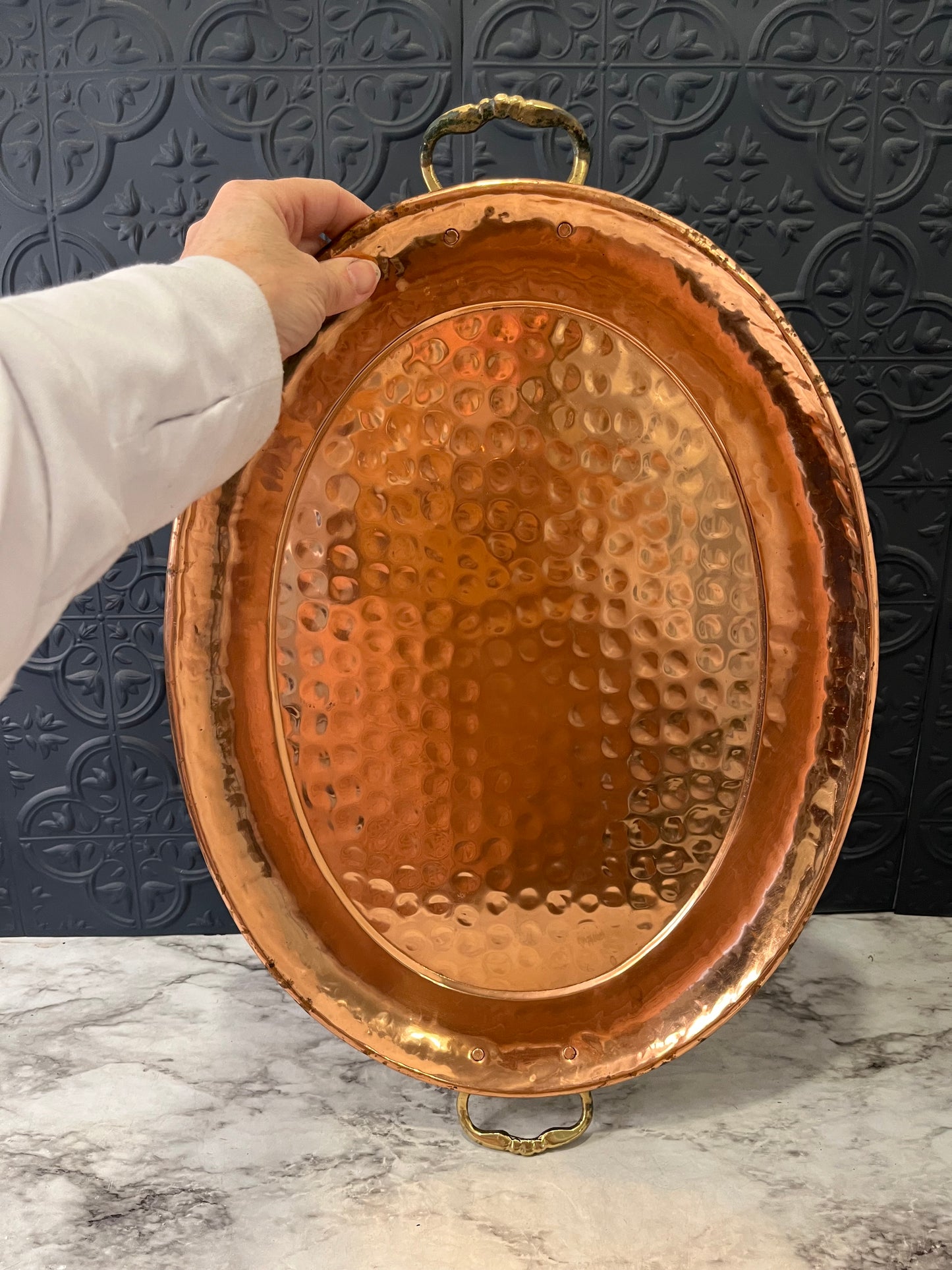 Oval Hammered Copper Tray with Brass handles 17"