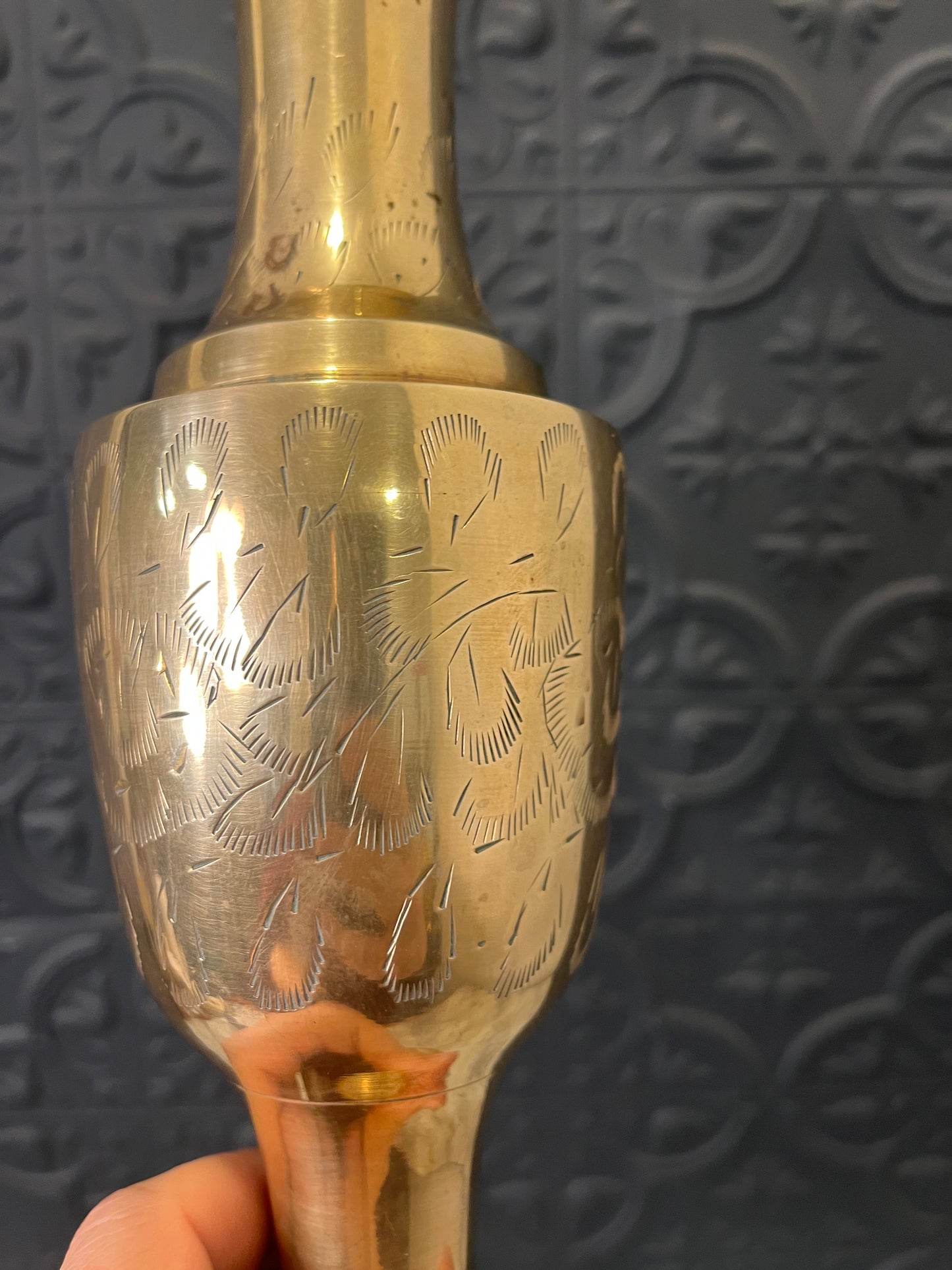Etched Brass Vase with Leaf pattern 11.75"