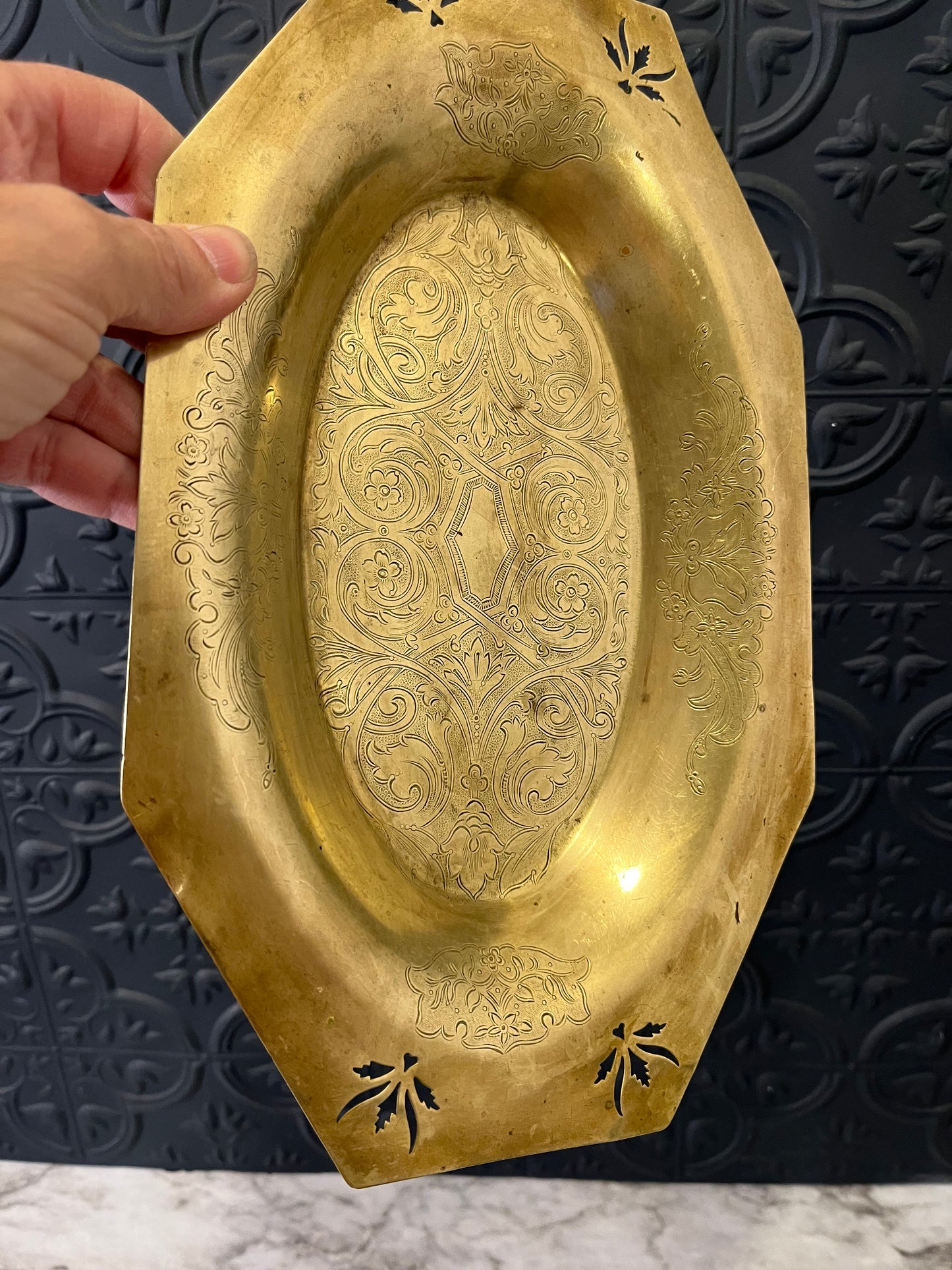 Octagon brass tray with cutout leaves