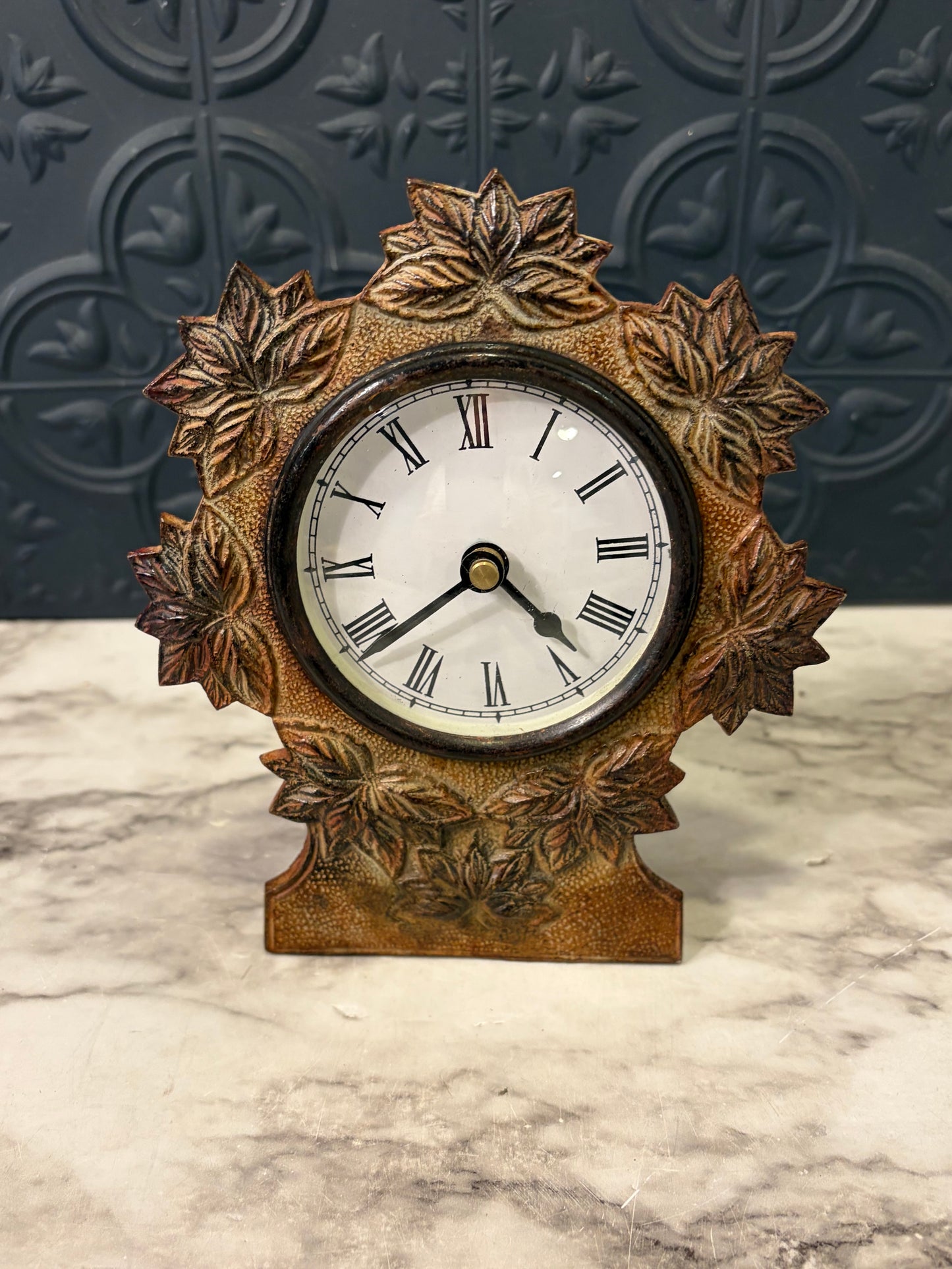 Decorative Metal Mantle Clock with Leaf decor