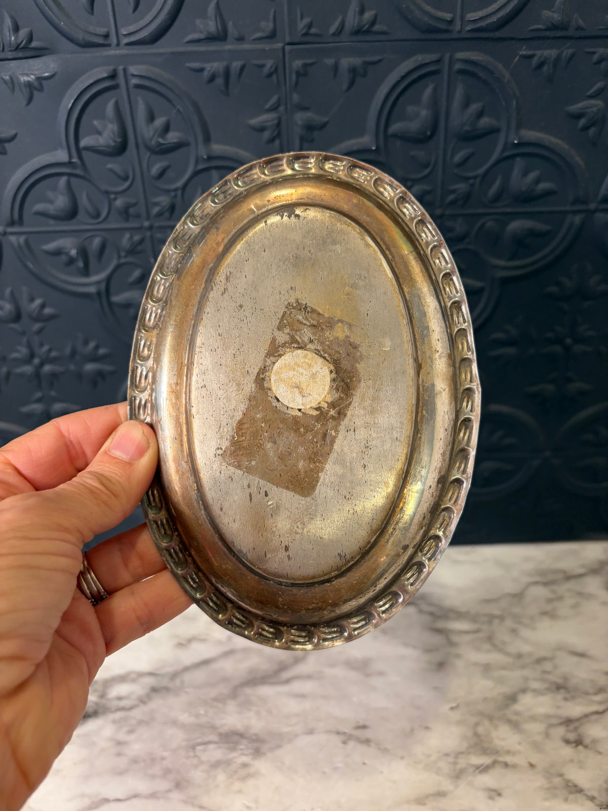 6.5" Silver Plate Etched Oval Tray AS IS