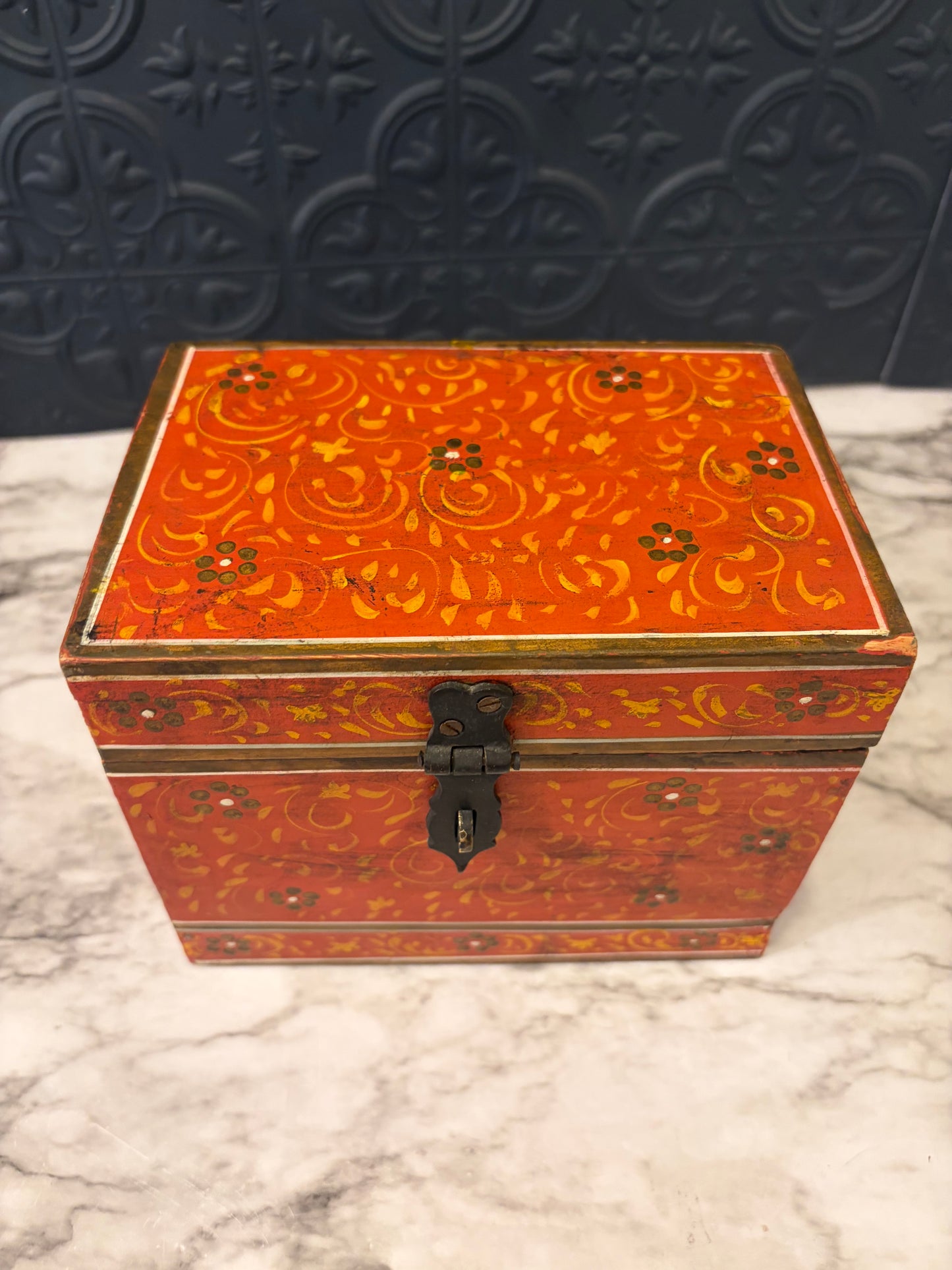 Orange Hand Painted Wood Box with Green Flowers