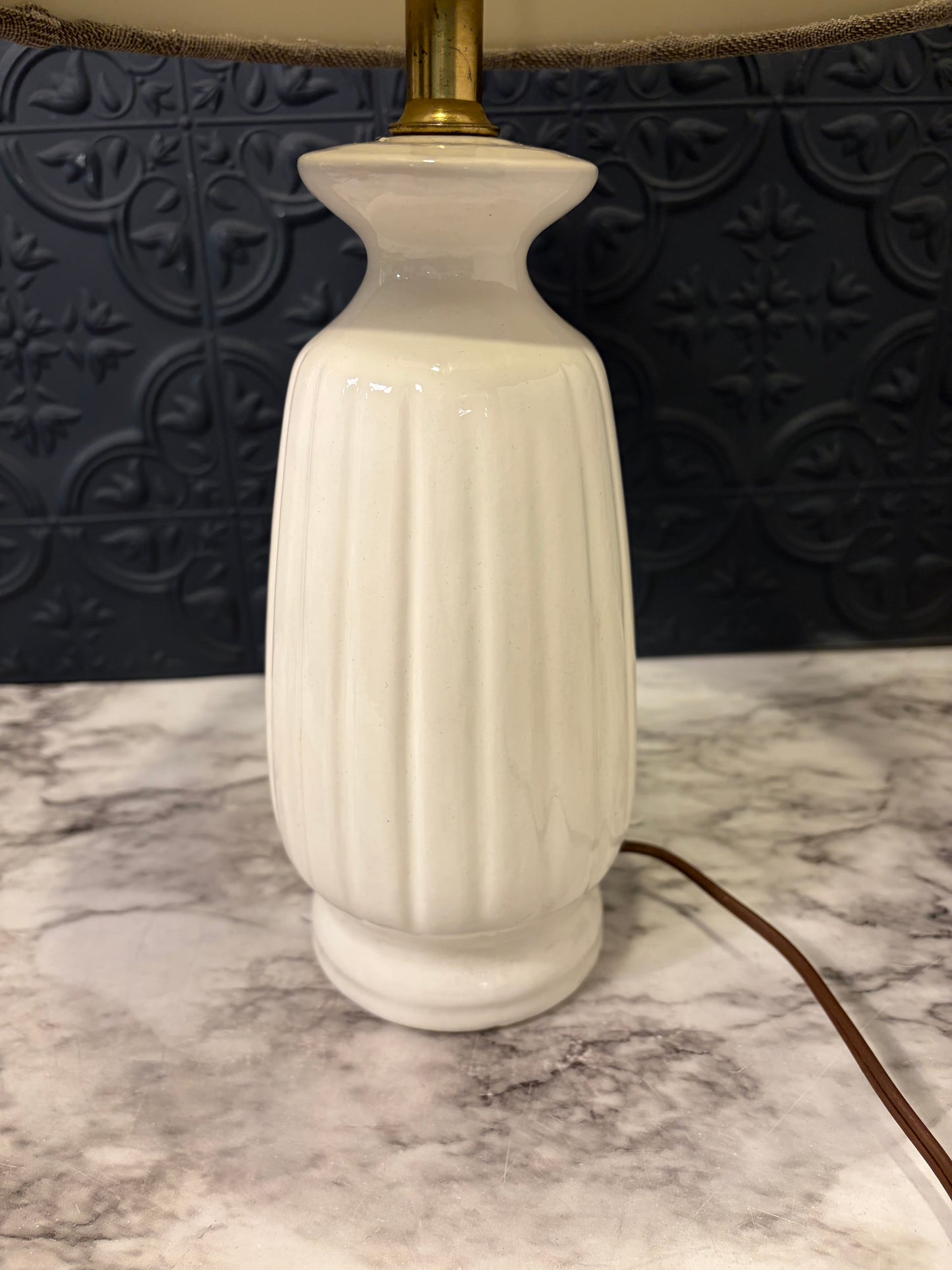 White Ceramic Lamp with Brown Shade