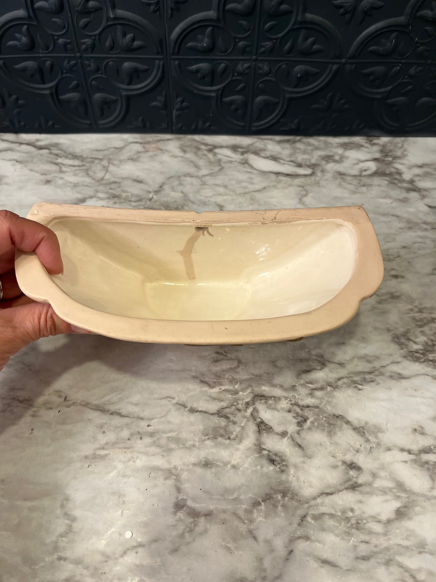 Cream Ceramic Wall Pocket with Gold Leaves