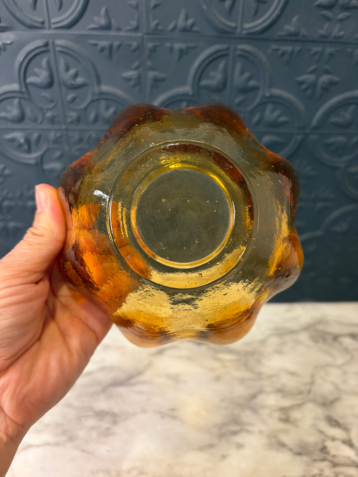 Blenko Heavy Amber Glass Lotus Bowl