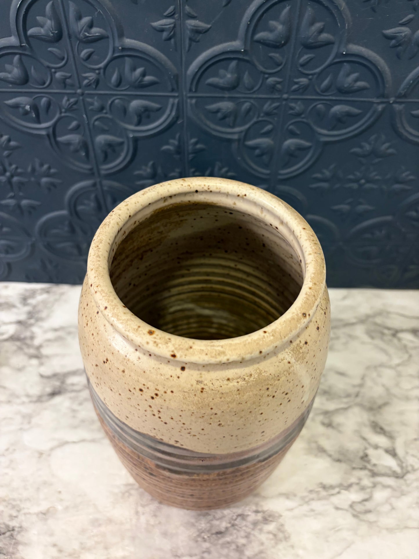 Two Tone Brown and Cream Pottery Vase 9.5"