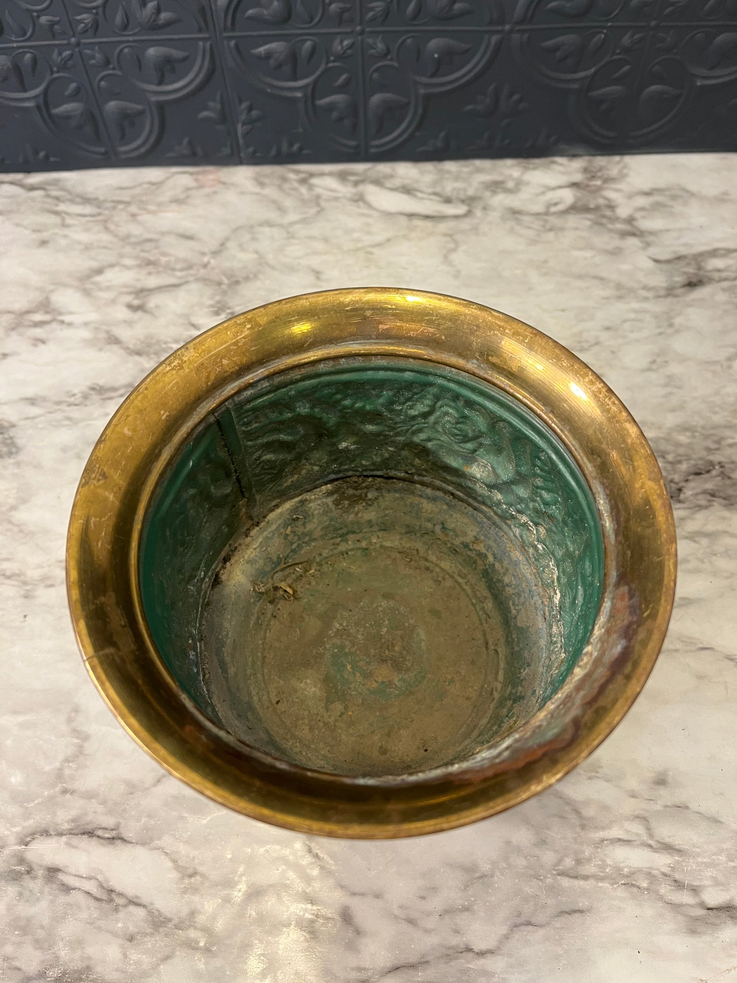 Footed Brass Pot with Rose relief