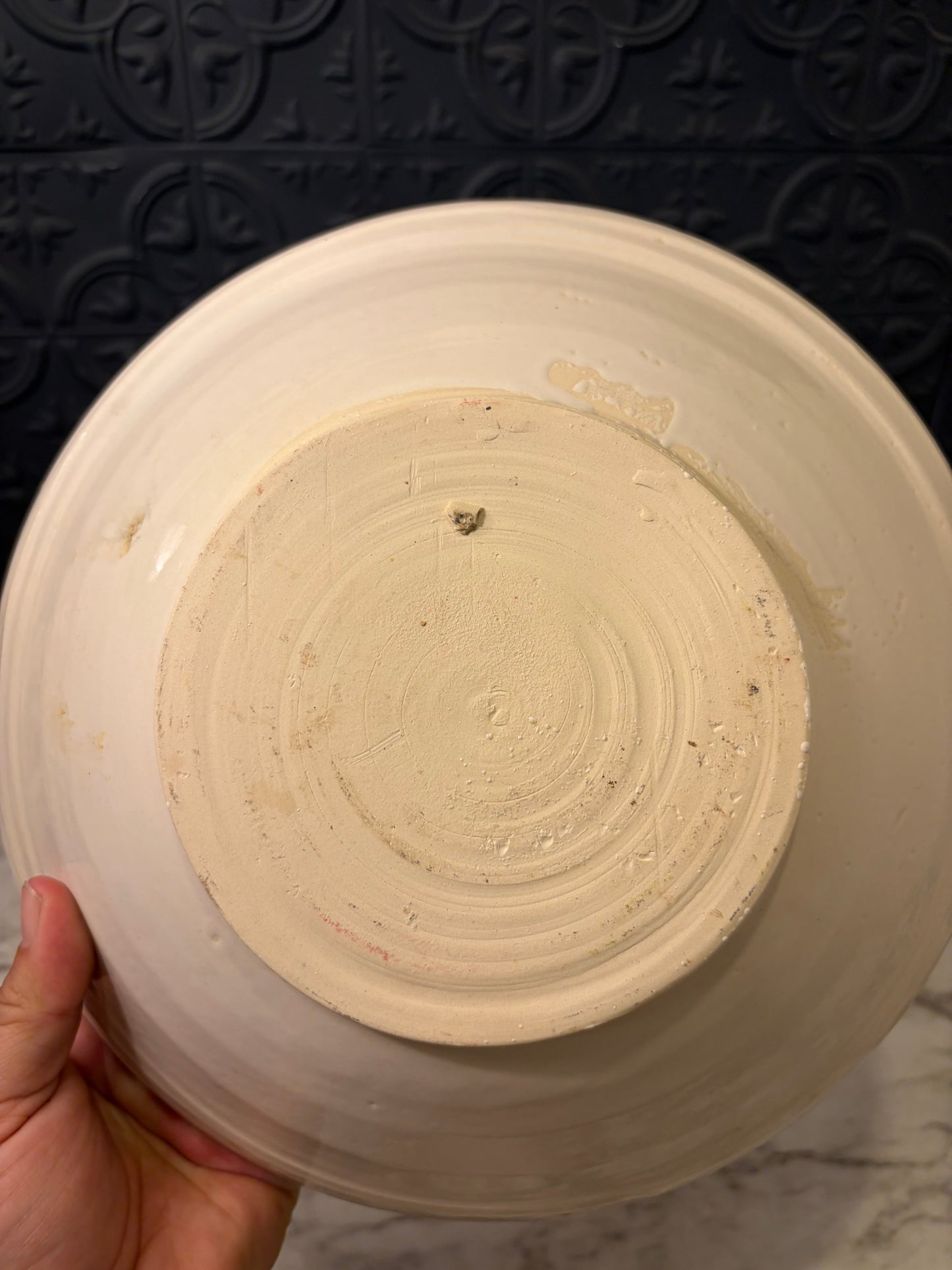 Studio Pottery Cream Bowl with Black Lines and Dots