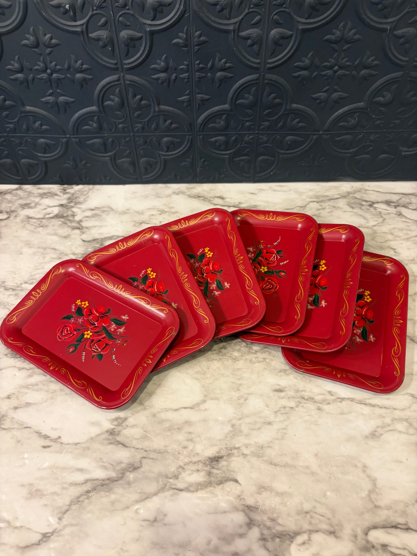Red Floral Painted Metal Snack Trays Set of 6