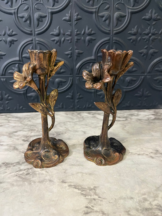 Brass Art Nouveau Candlestick set with flowers
