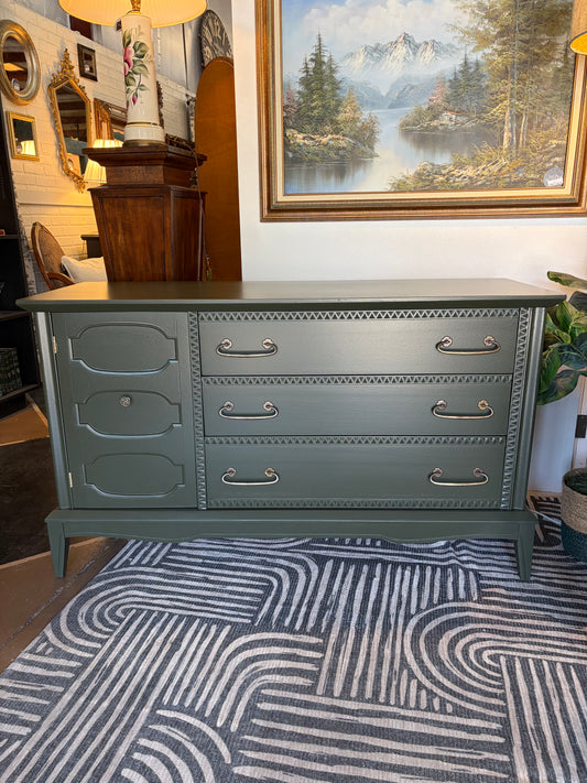 Mid Century Dresser with Lingerie Drawers Painted Forest Green