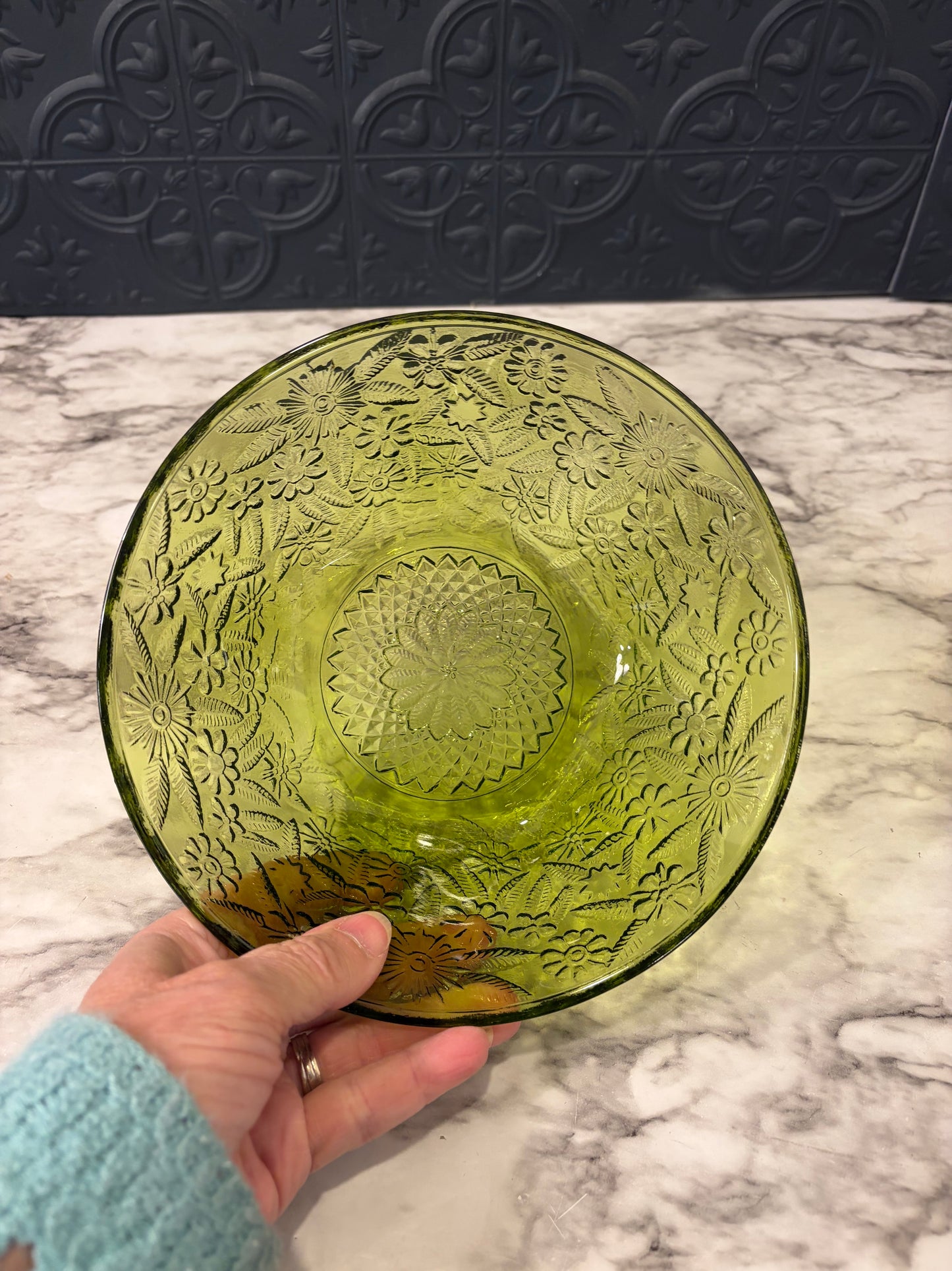 Round Indiana Green Glass Bowl with Floral Pattern