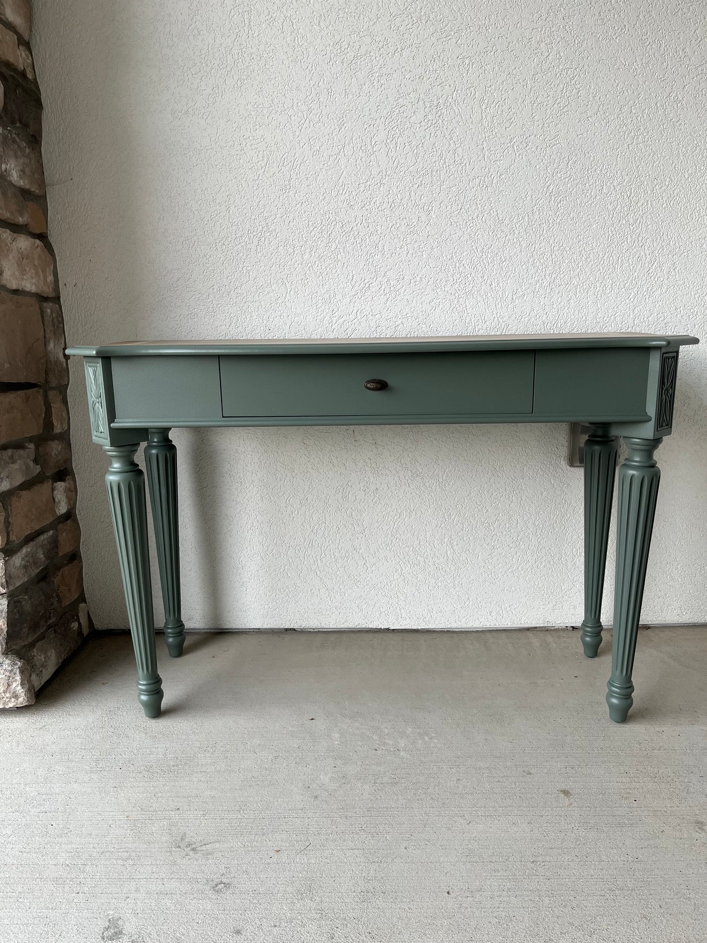 Green Entry Table with Wood Inlay Top Whitewashed