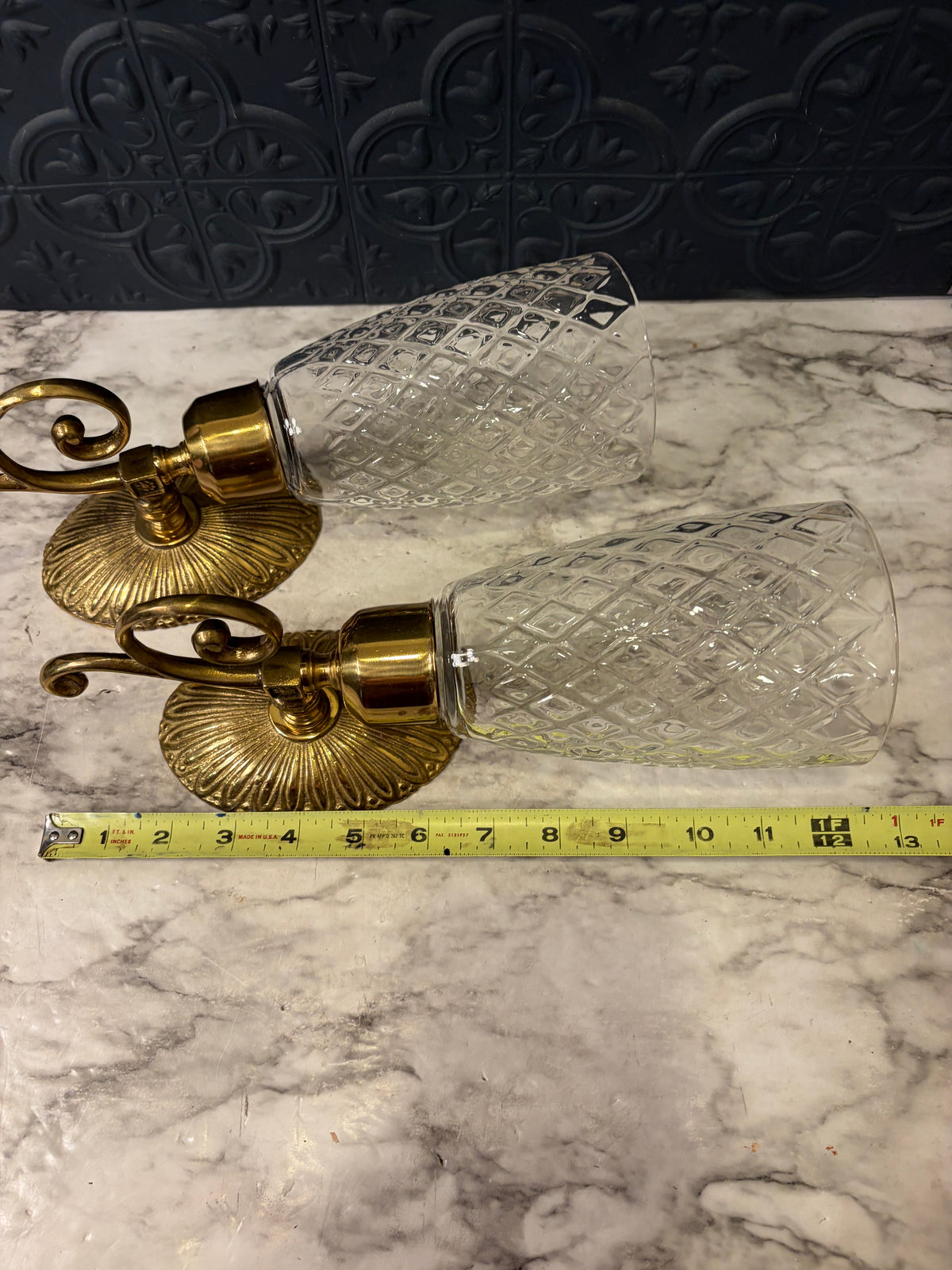 Set of 2 Brass Wall Sconce with Diamond Pattern Hurricane