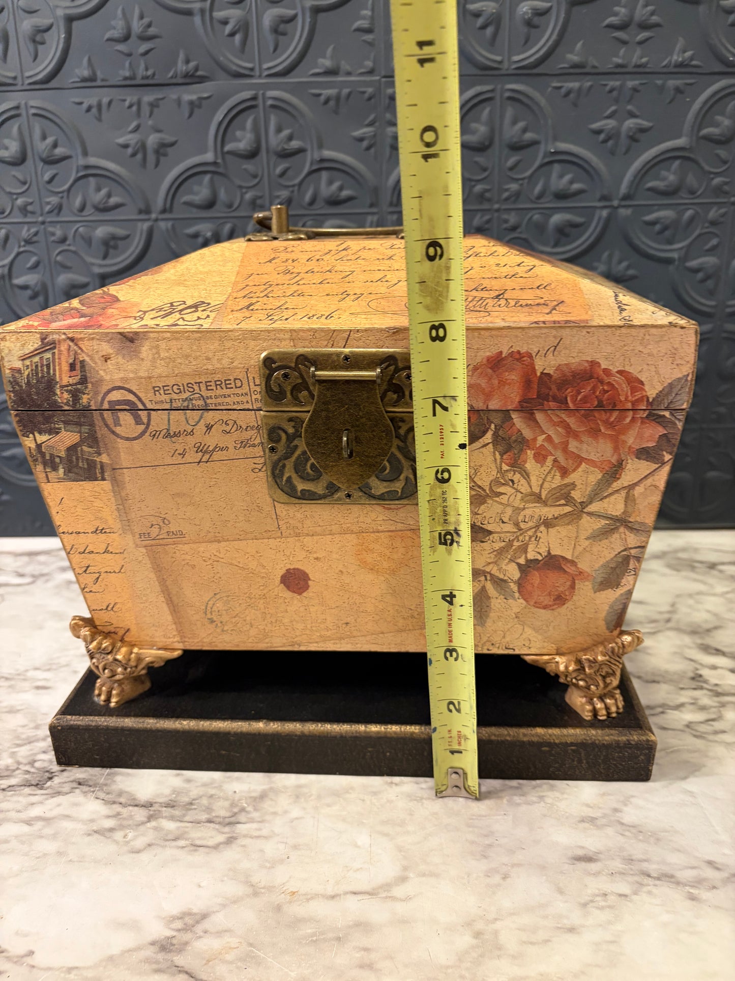 Floral Box with handles and Feet on Wood Base