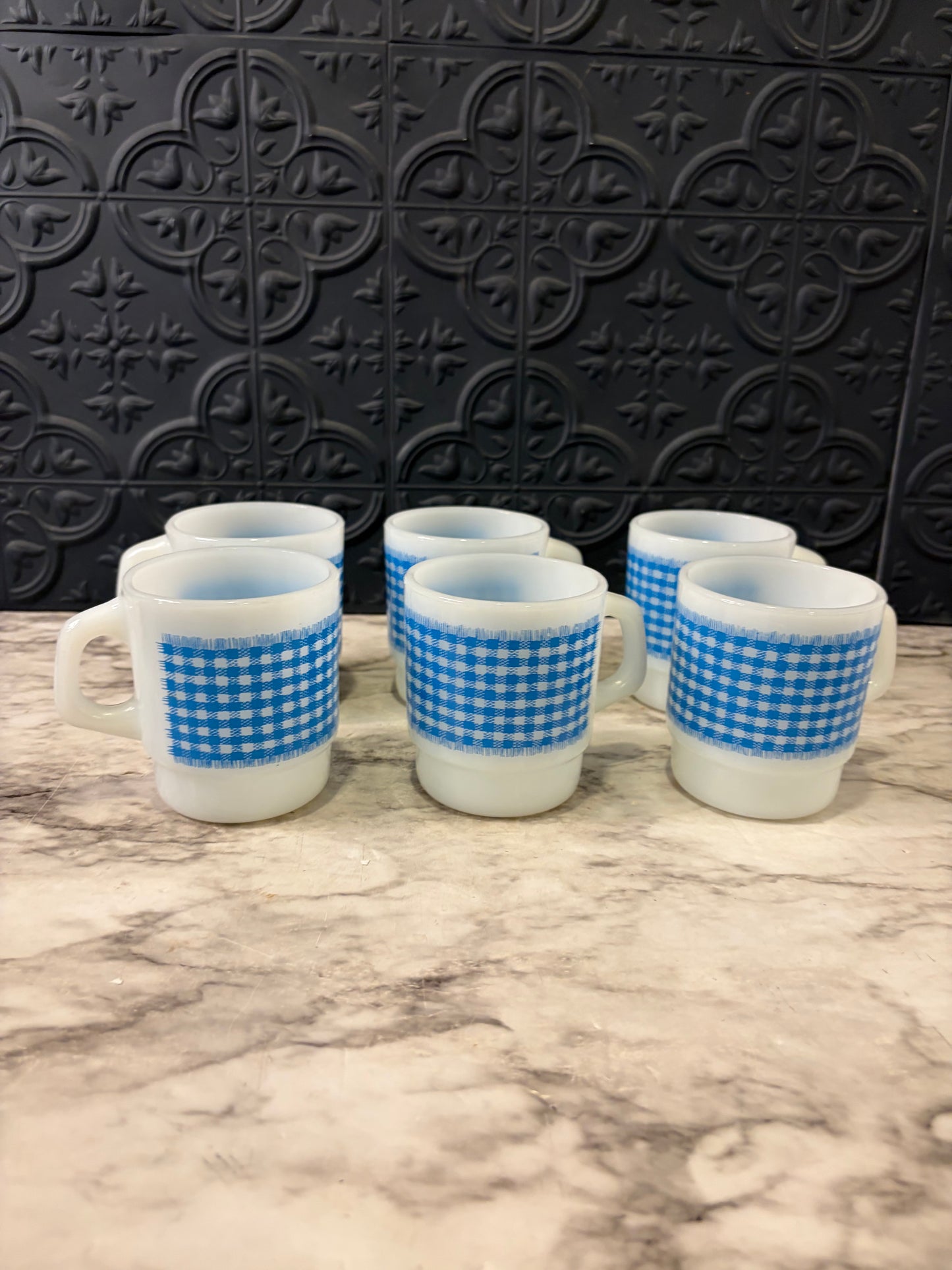Fire King Blue Gingham Mug Set of 6