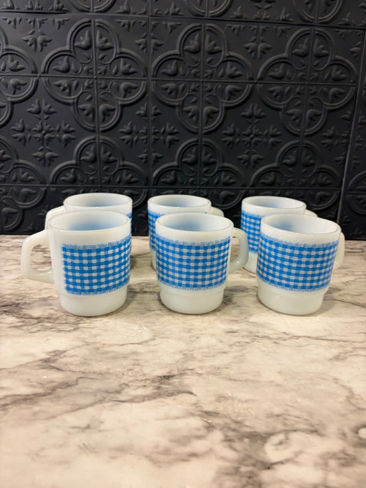 Fire King Blue Gingham Mug Set of 6
