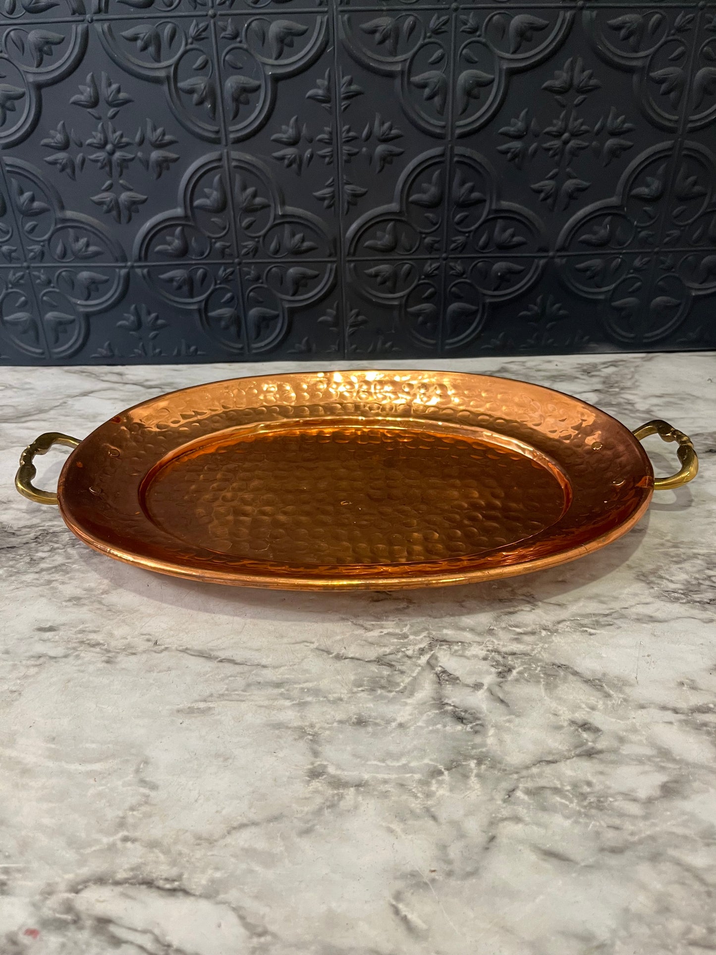 Oval Hammered Copper Tray with Brass Handles 13"