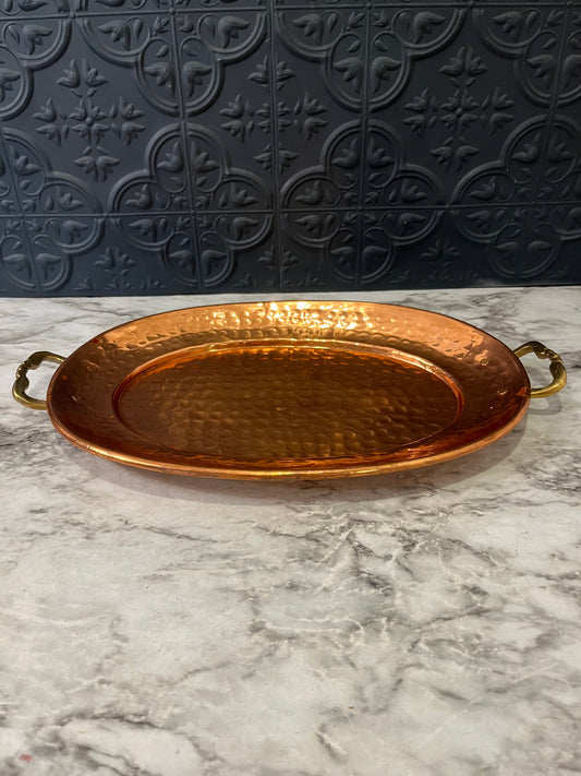 Oval Hammered Copper Tray with Brass Handles 13"