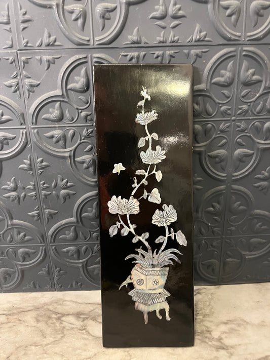 Black Laquer Asian Wall Panel Hexagon Vase with Mother of Pearl