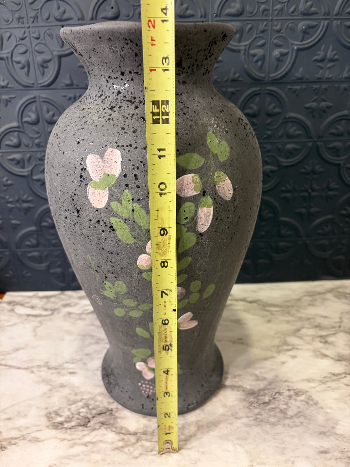 Large Grey Speckled Studio Pottery Vase with Pink flowers