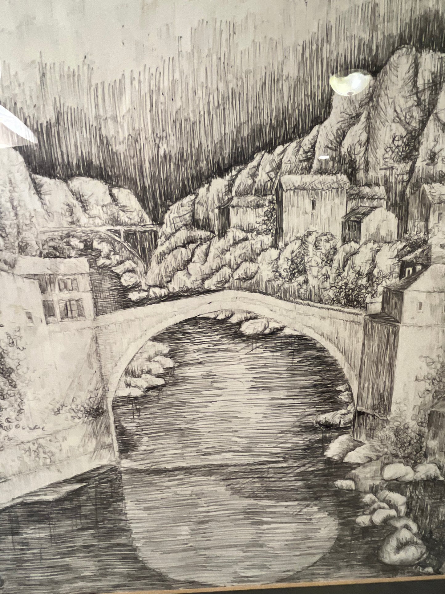 Framed Ink Drawing of Bridge