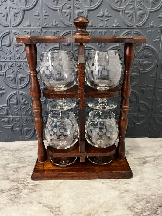 Vintage Brandy Glasses with Wood Holder