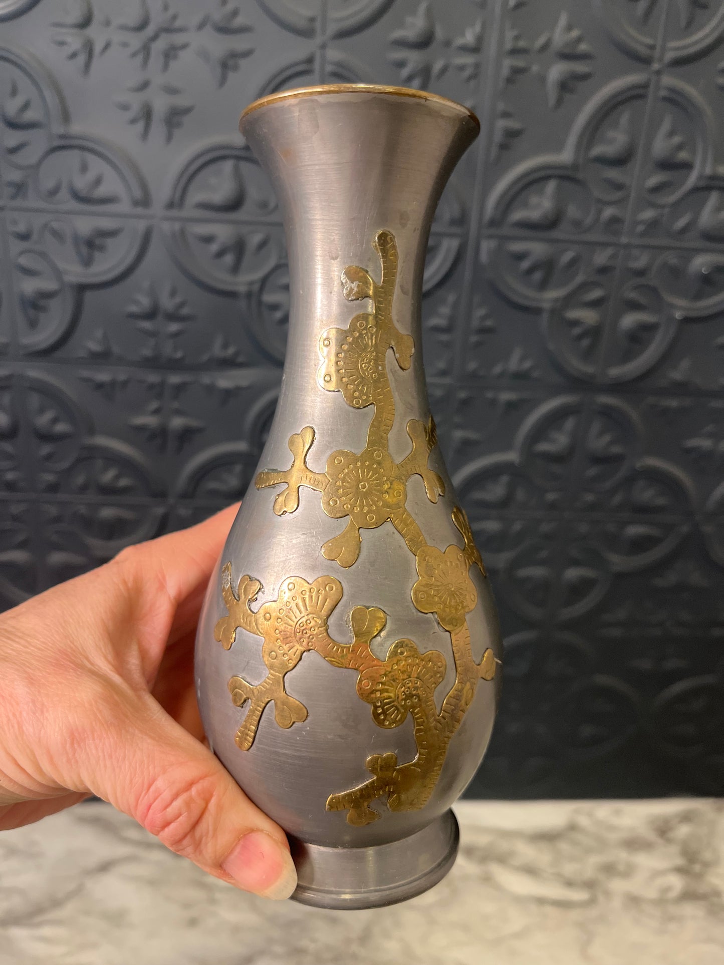 Pewter Vase with Brass Inlay