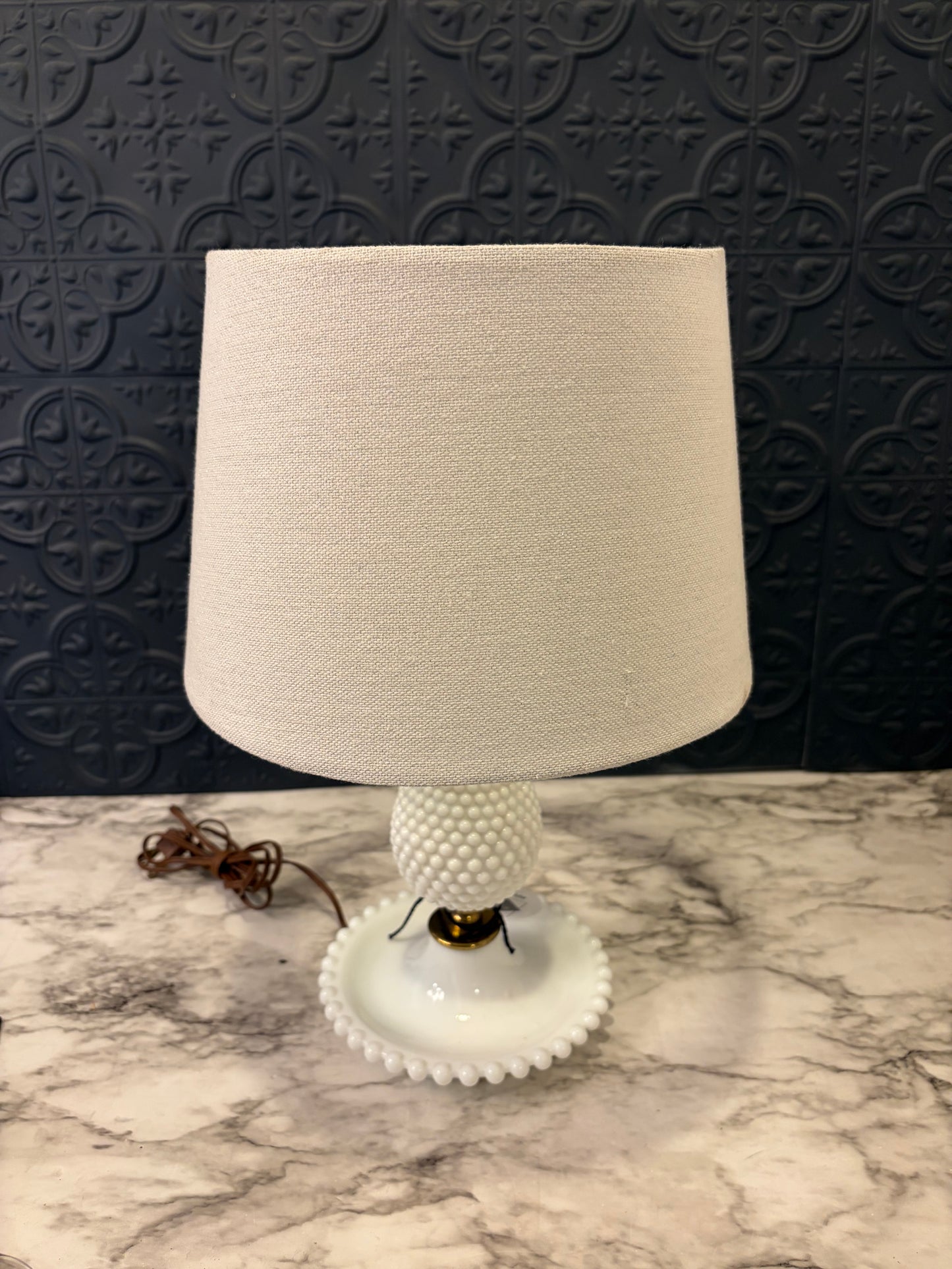 Hobnail Milk Glass Lamp 15"