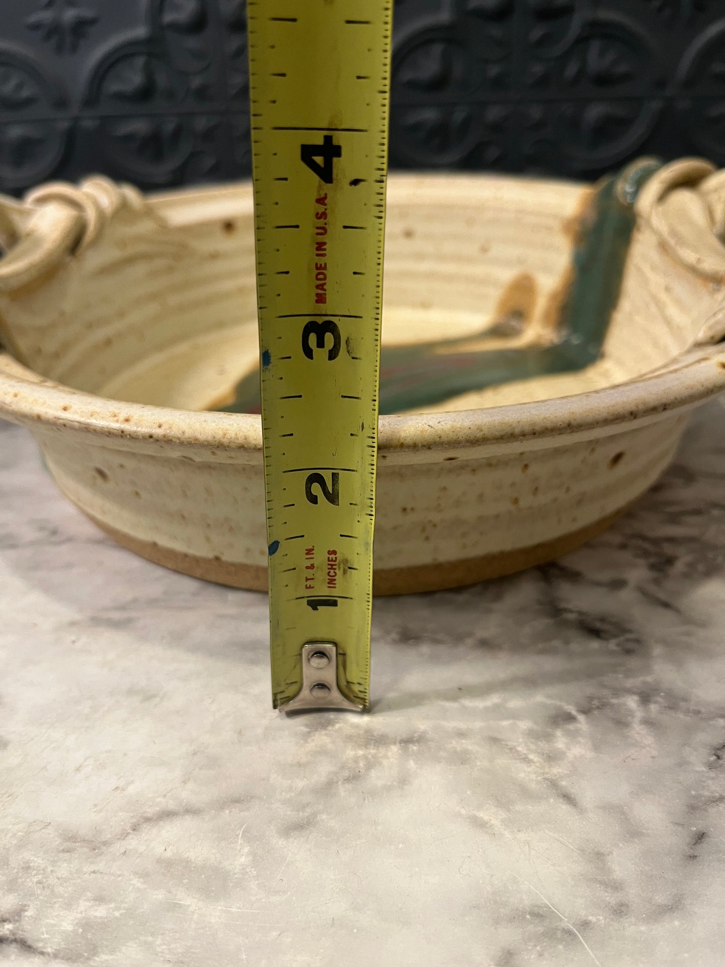 Stoneware Handled Shallow bowl with Green Stripe