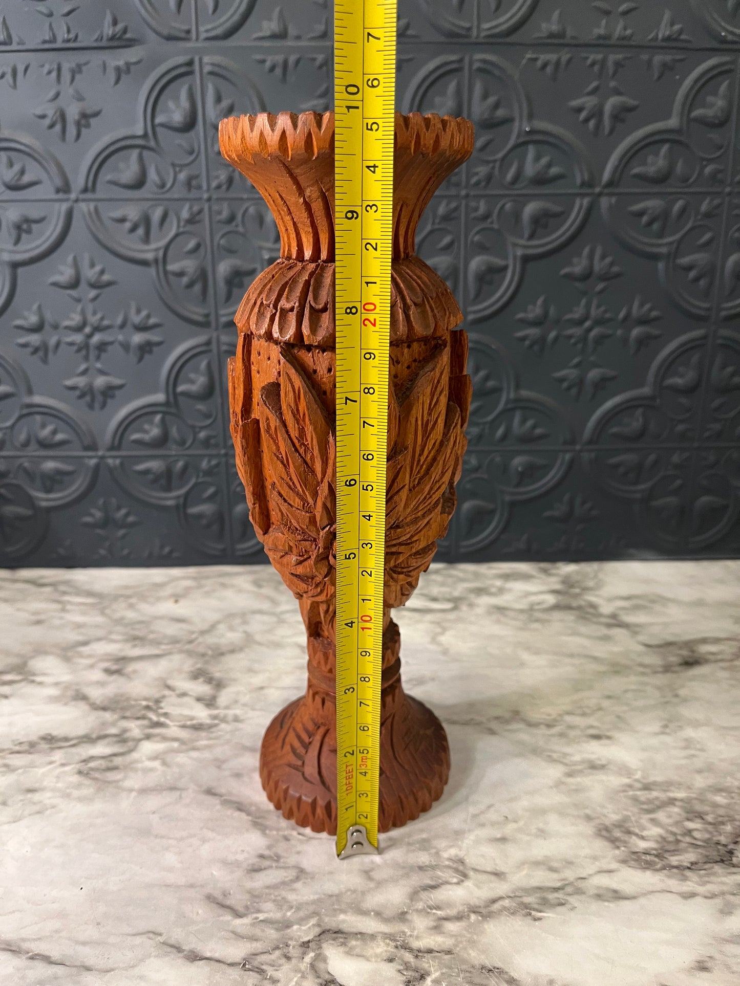 Hand Carved Wood Vase with Flowers
