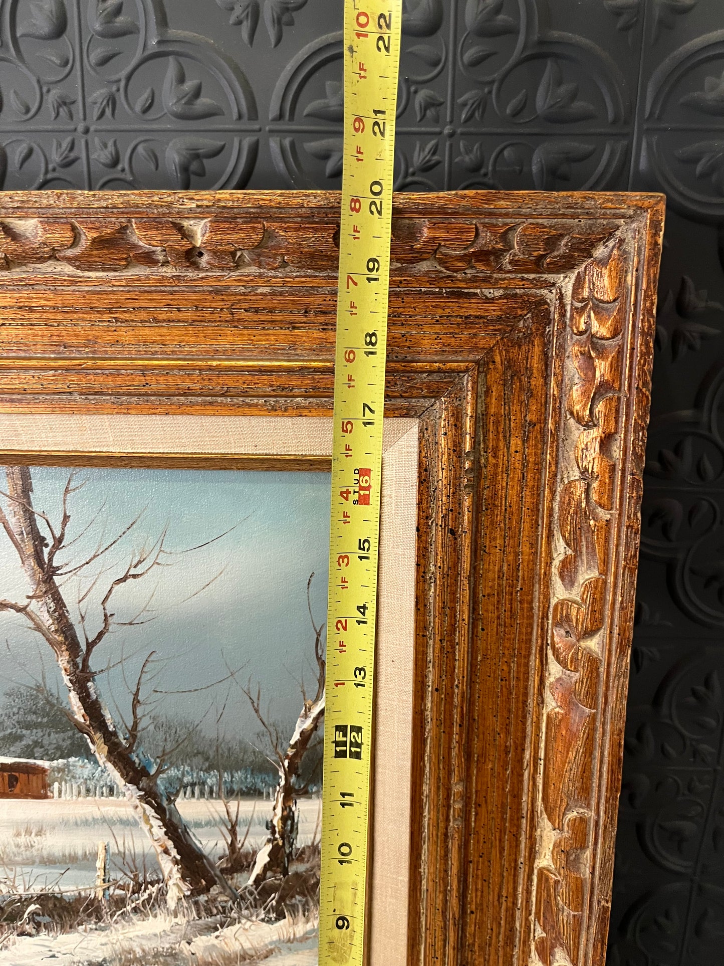 Winter Barn Painting in wood frame