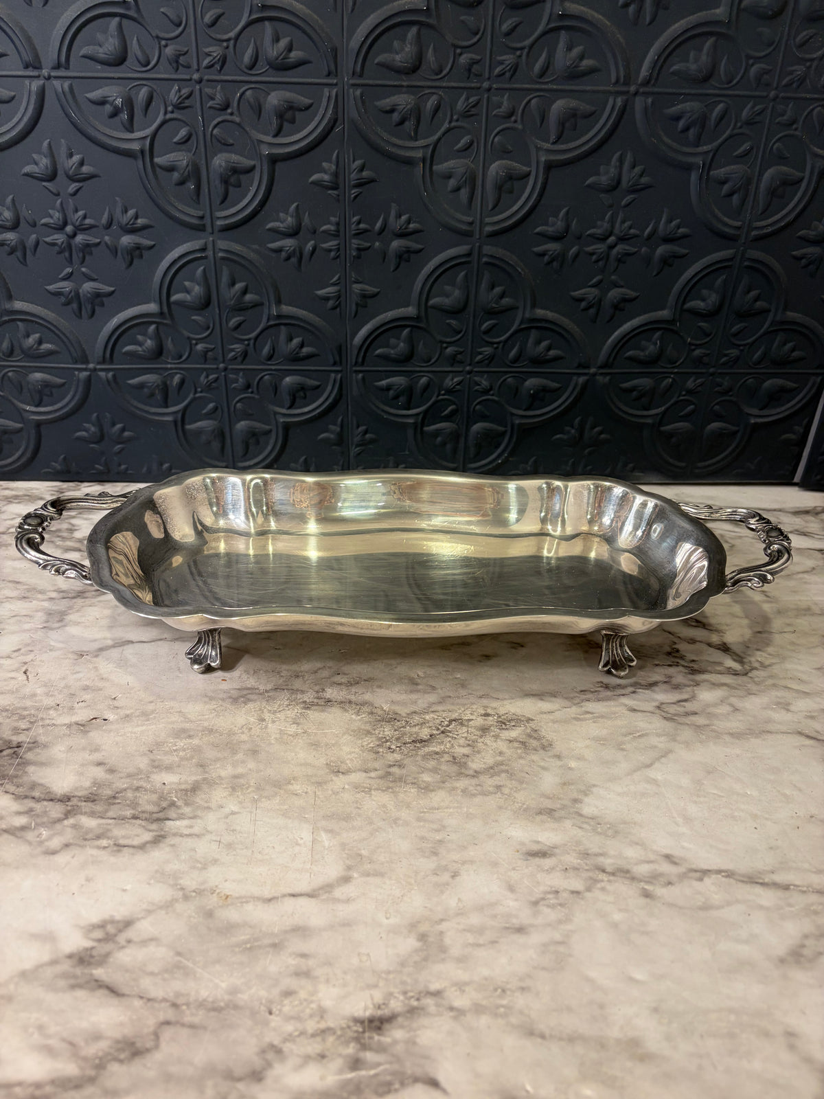 Oval Silver Plate Tray with Feet and Handles