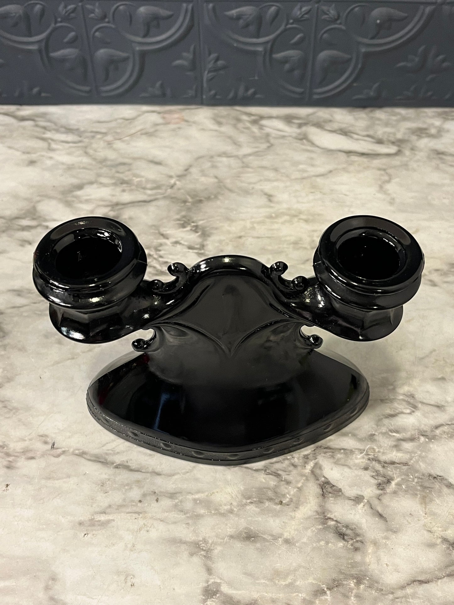 Black glass LE Smith double candle holder - AS IS