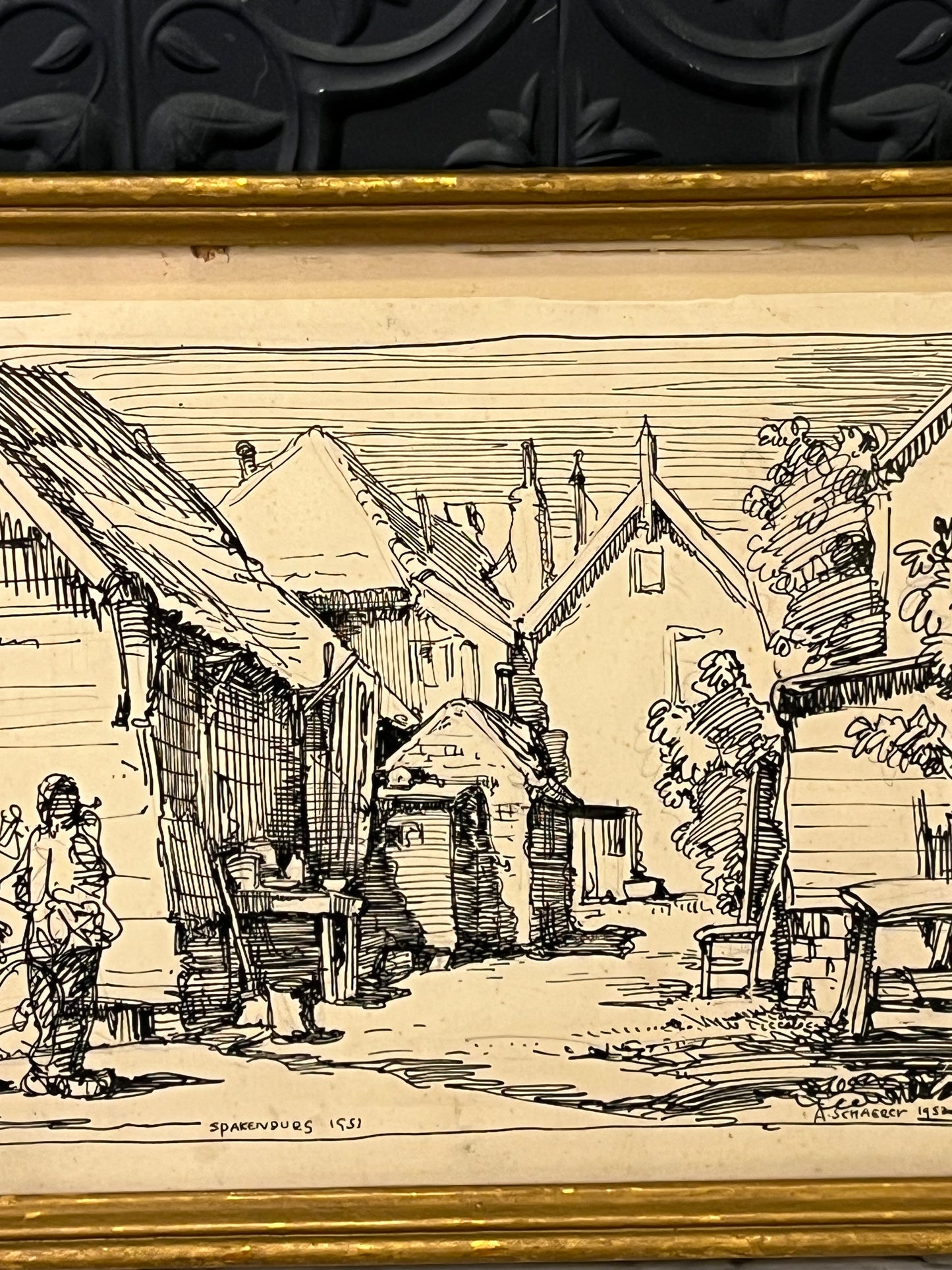 Ink Drawing in Gold Frame of Village