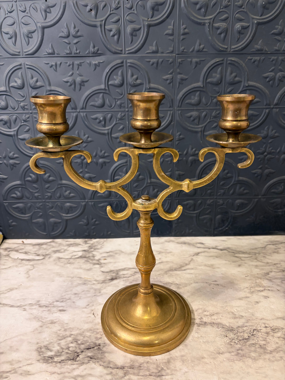 Brass 3 Arm Candelabra Set with Swirls