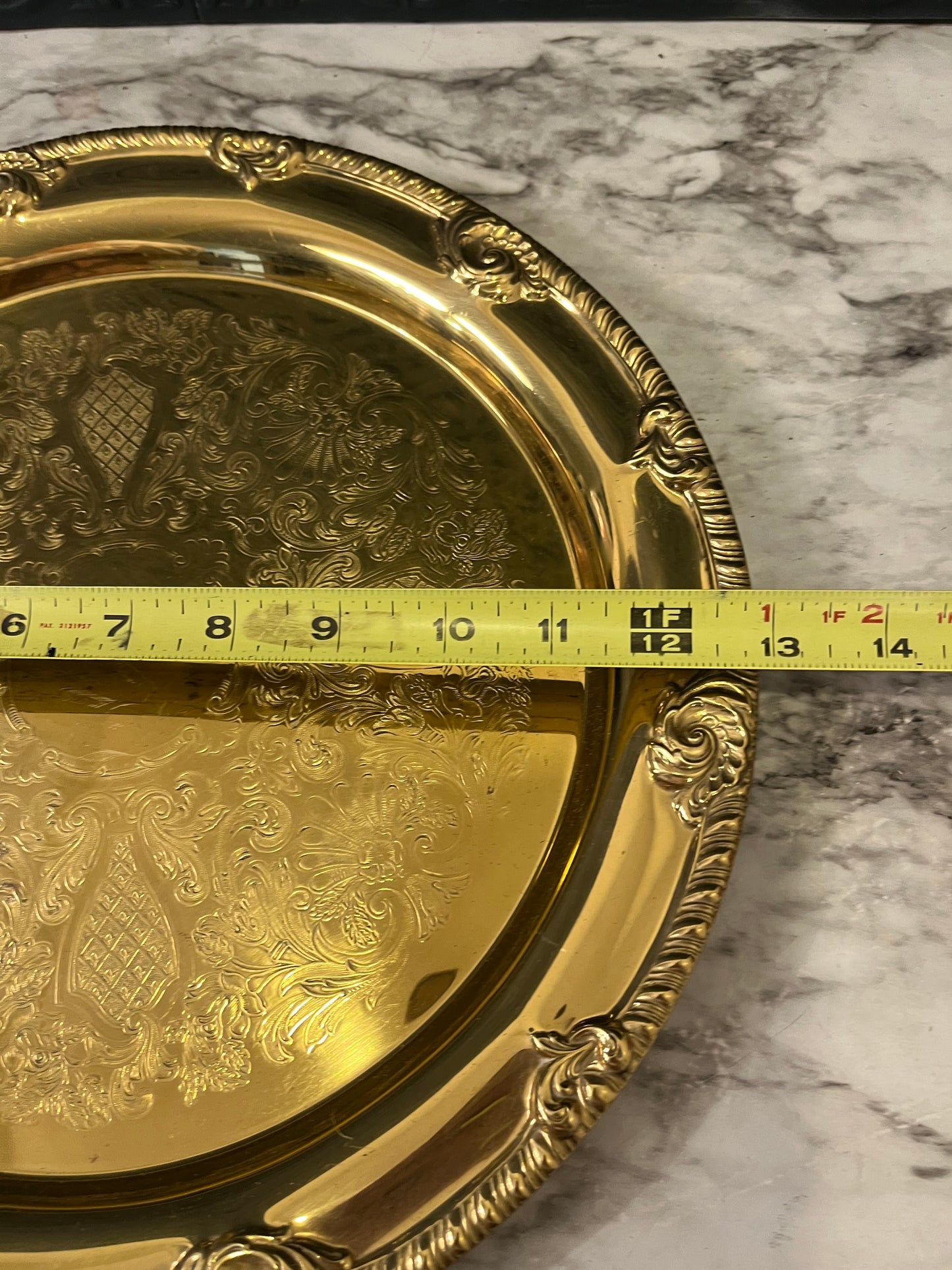 Round Etched Brass serving tray 13 inch