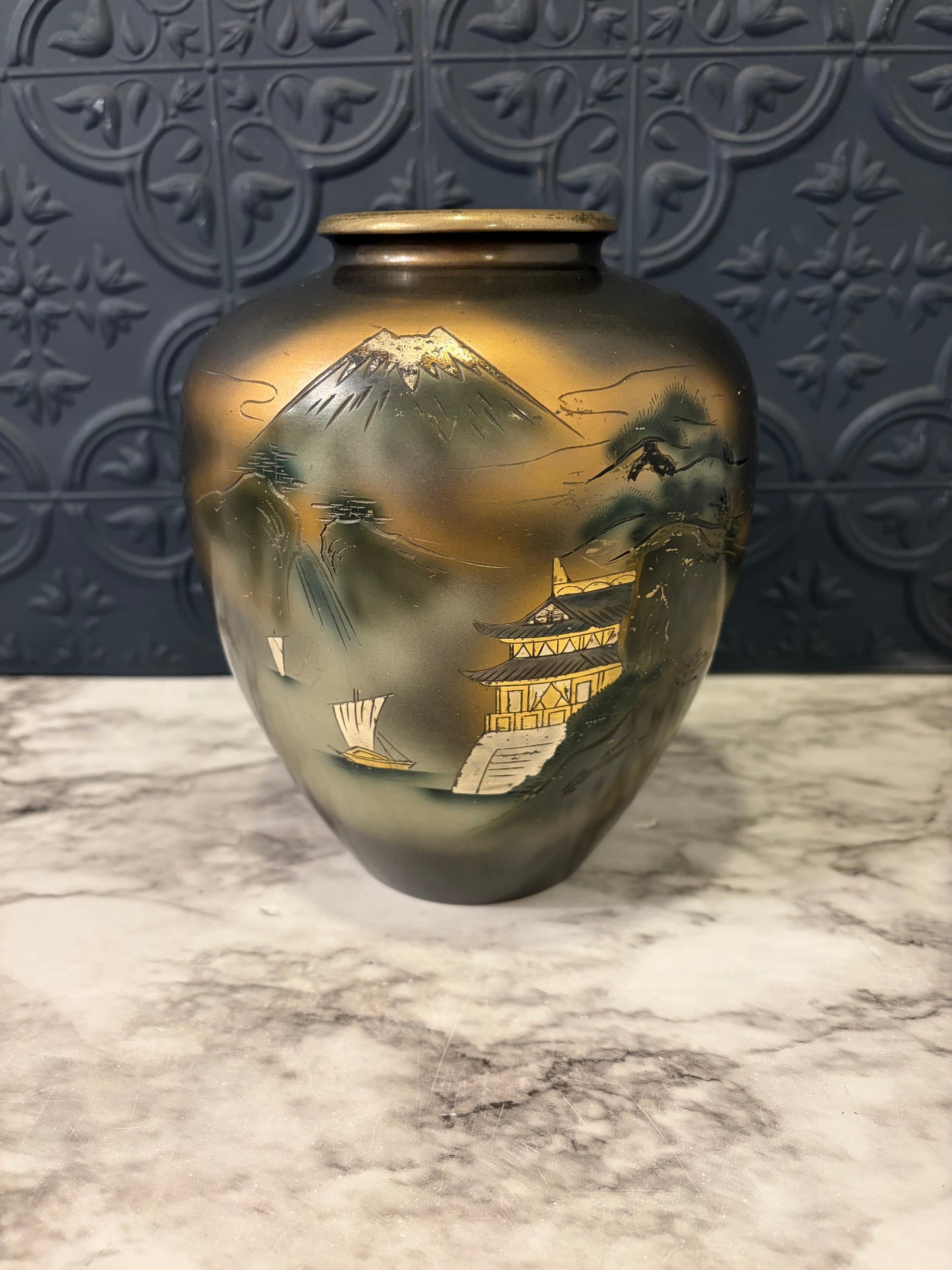 Japanese Etched Mt. Fugi Vase