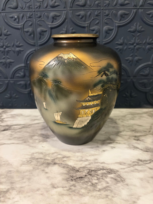 Japanese Etched Mt. Fugi Vase